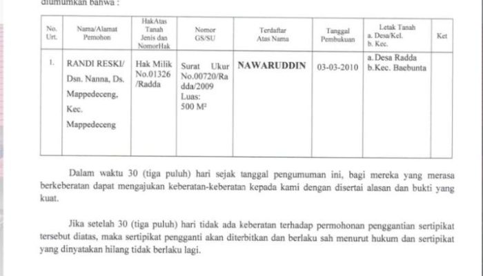 Jamin Kepastian Hukum, Kantor Pertanahan Luwu Utara Umumkan Sertifikat Hilang
